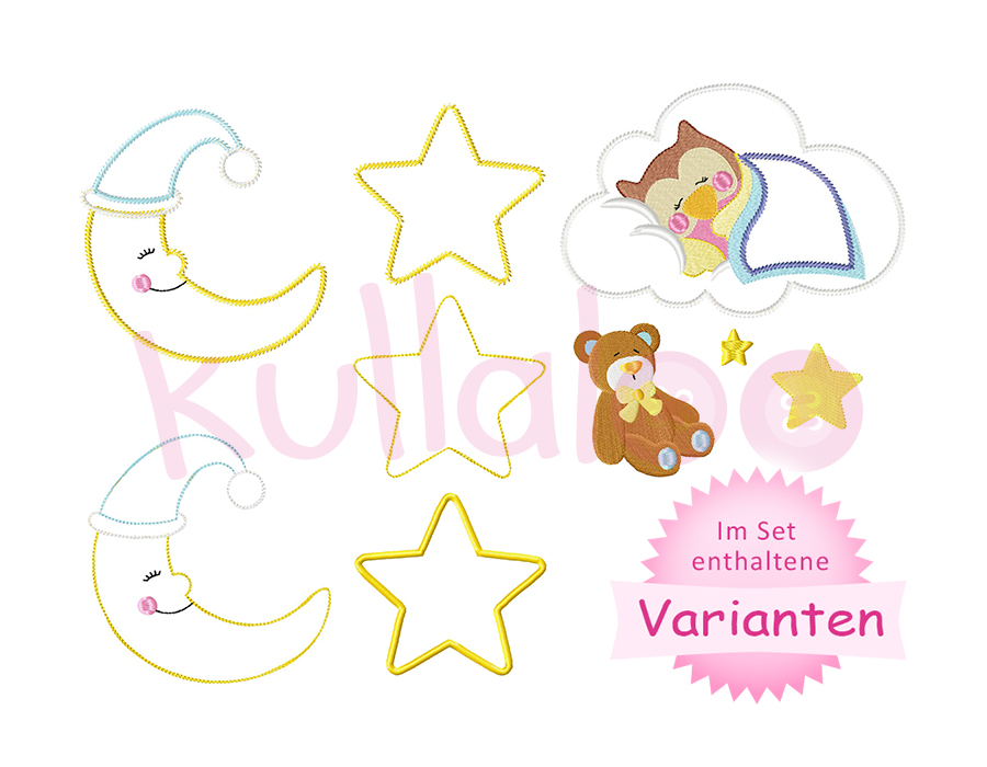 Stickapplikationen Set Eule "KULLA" auf Wolke 13x18 – Varianten