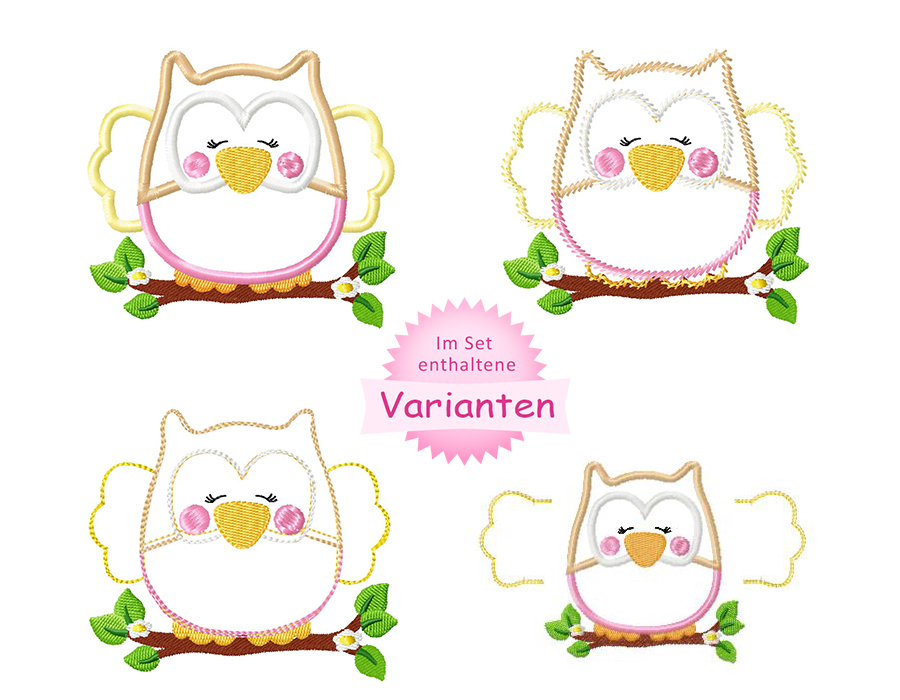 Stickdatei Applikation Eule "KULLA" mit Ast – Varianten