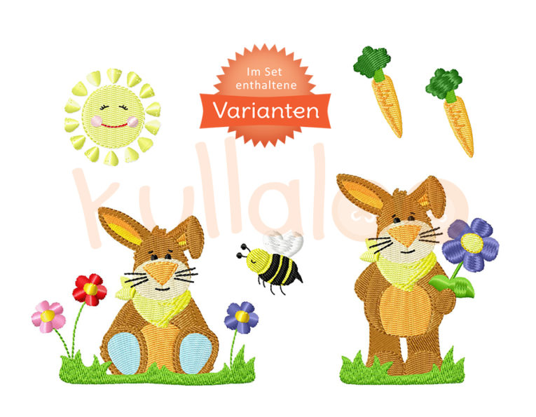 Stickdateien Ostern – Hase "KULIO" mit Blumen – Varianten
