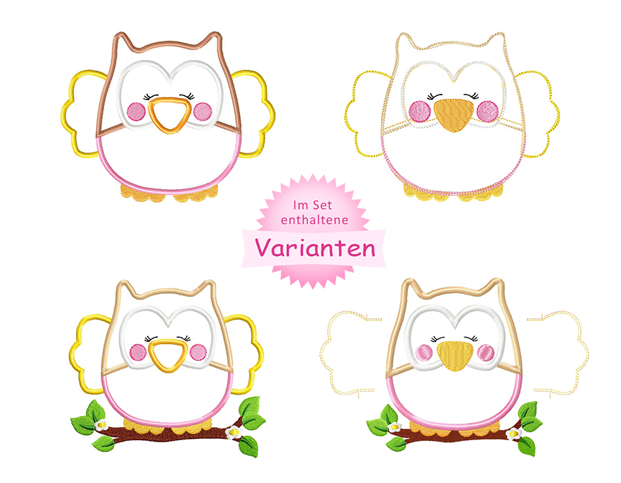 Stickmotive Eulen Applikation mit und ohne Ast 13x18 – Varianten