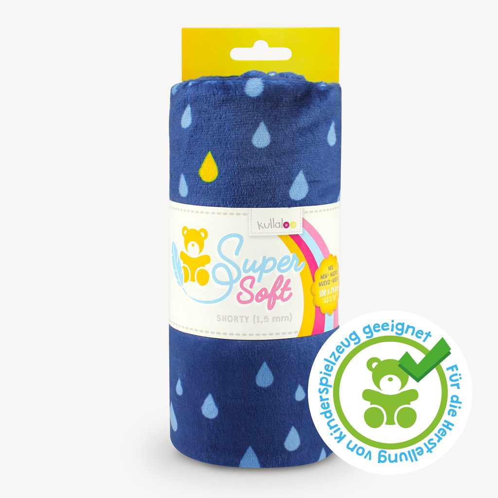 Plüschstoff Tropfen "Dreamy Drops" dunkelblau/gelb - SuperSoft SHORTY, spielzeugtauglich