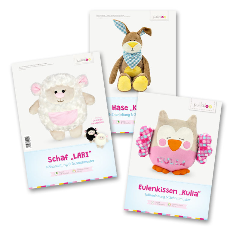 3 Nähanleitungen im Set: Hase KULIO, Schaf LARI und Eule KULLA