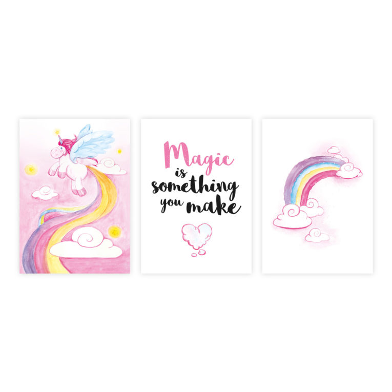 Bilder Kinderzimmer Mädchen: Zauberhafte Einhorn Poster im 3er-Set, Aquarell