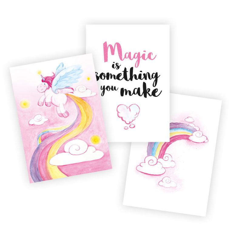 Bilder Kinderzimmer Mädchen: Zauberhafte Einhorn Poster im 3er-Set, Aquarell