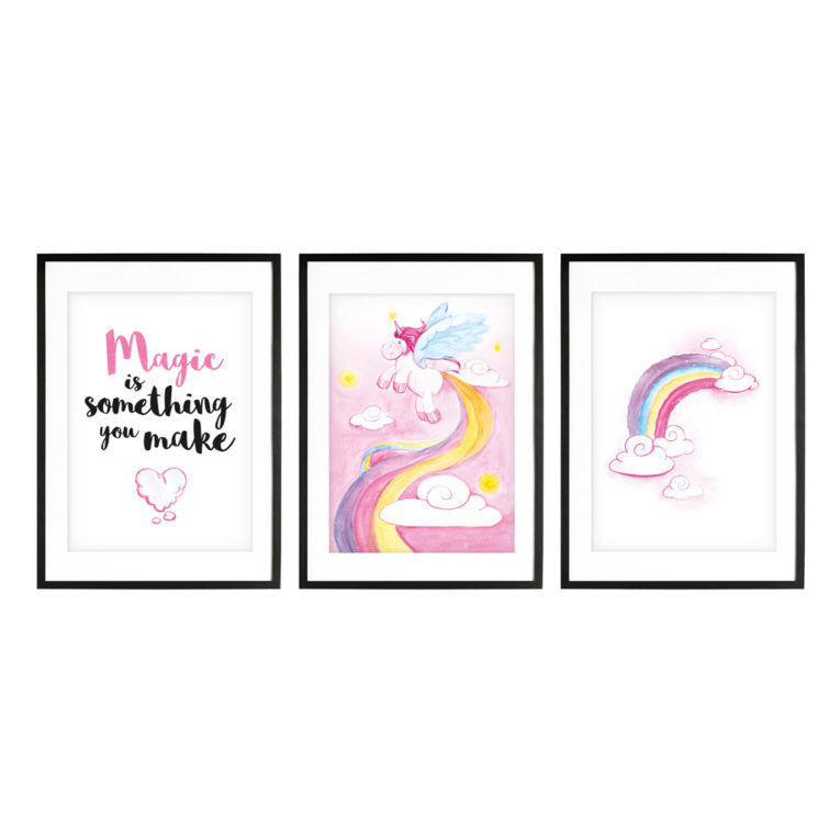 Bilder Kinderzimmer Mädchen: Zauberhafte Einhorn Poster im 3er-Set, Aquarell