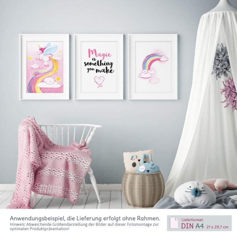 Bilder Kinderzimmer Mädchen: Zauberhafte Einhorn Poster im 3er-Set, Aquarell