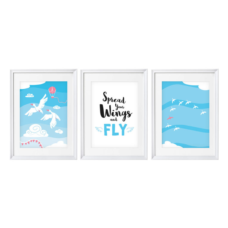 Poster für Babyzimmer: A4 3er-Set mit Gänse Illustration und Spruch "Spread your wings and fly"
