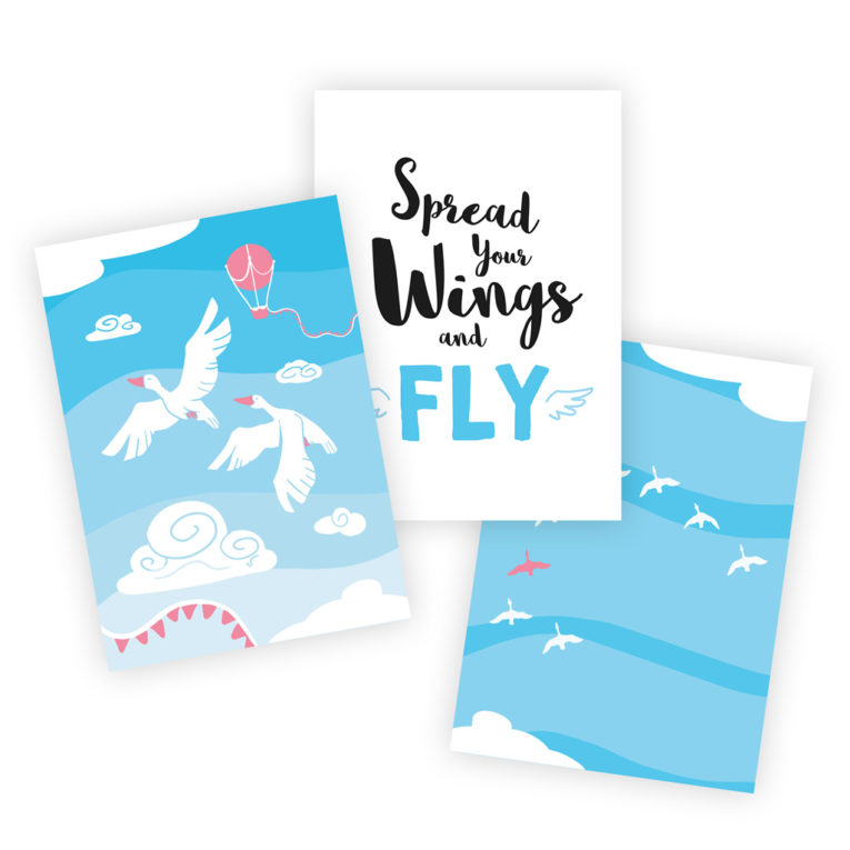 Poster für Babyzimmer: A4 3er-Set mit Gänse Illustration und Spruch "Spread your wings and fly"
