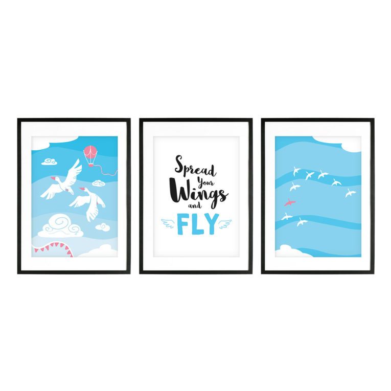Poster für Babyzimmer: A4 3er-Set mit Gänse Illustration und Spruch "Spread your wings and fly"