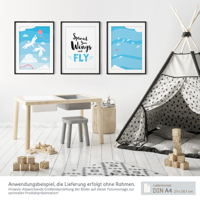 Poster für Babyzimmer: A4 3er-Set mit Gänse Illustration und Spruch "Spread your wings and fly"