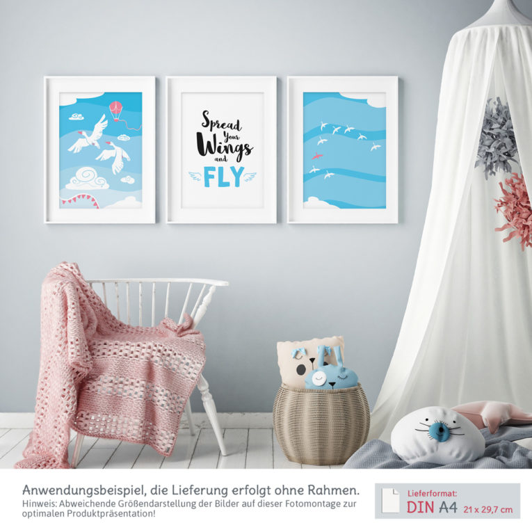 Poster für Babyzimmer: A4 3er-Set mit Gänse Illustration und Spruch "Spread your wings and fly"