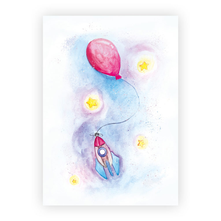 Kinderzimmer Poster Weltraum 3er-Set: Rakete mit Ballon Aquarell