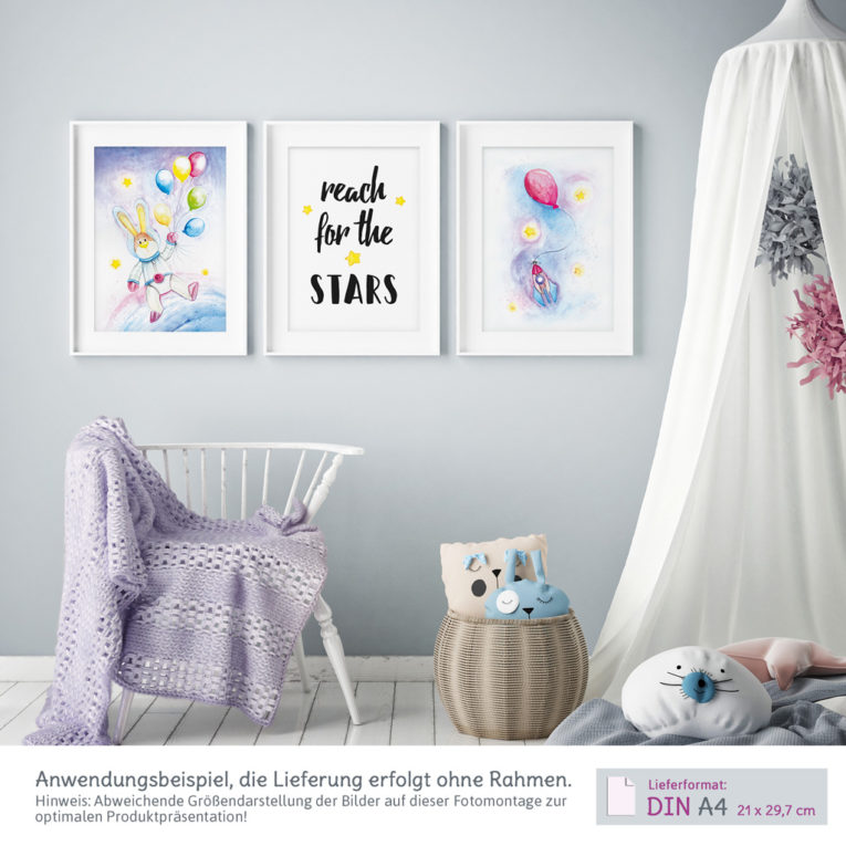 Kinderzimmer Poster Weltraum: A4 3er-Set mit Motiv "Hase mit Ballons"
