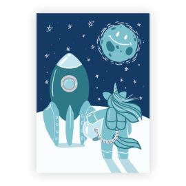 A3 Poster für Kinderzimmer "Einhorn im Weltraum" blau