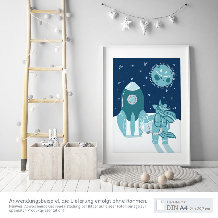 A3 Poster für Kinderzimmer "Einhorn im Weltraum" blau