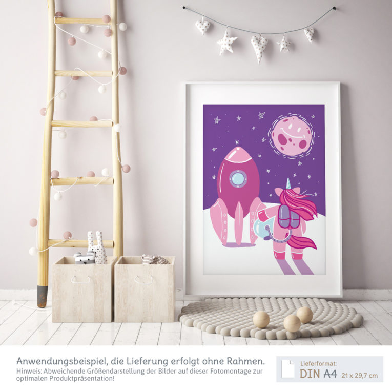 A3 Poster Kinder "Einhorn im Weltraum" rosa / lila