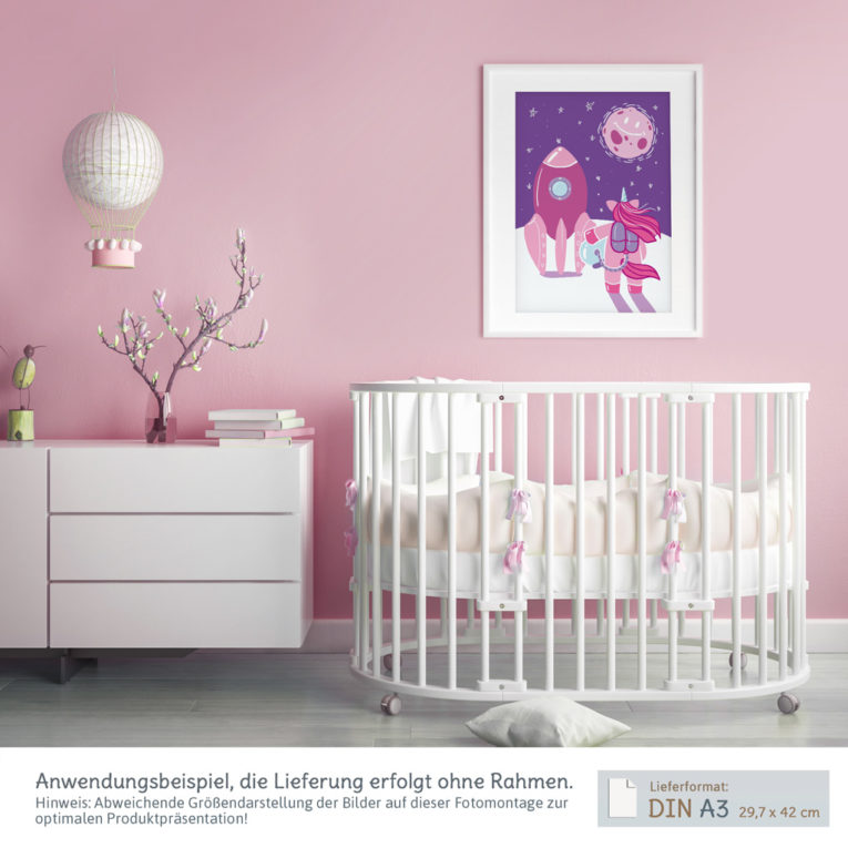 A3 Poster Kinder "Einhorn im Weltraum" rosa / lila