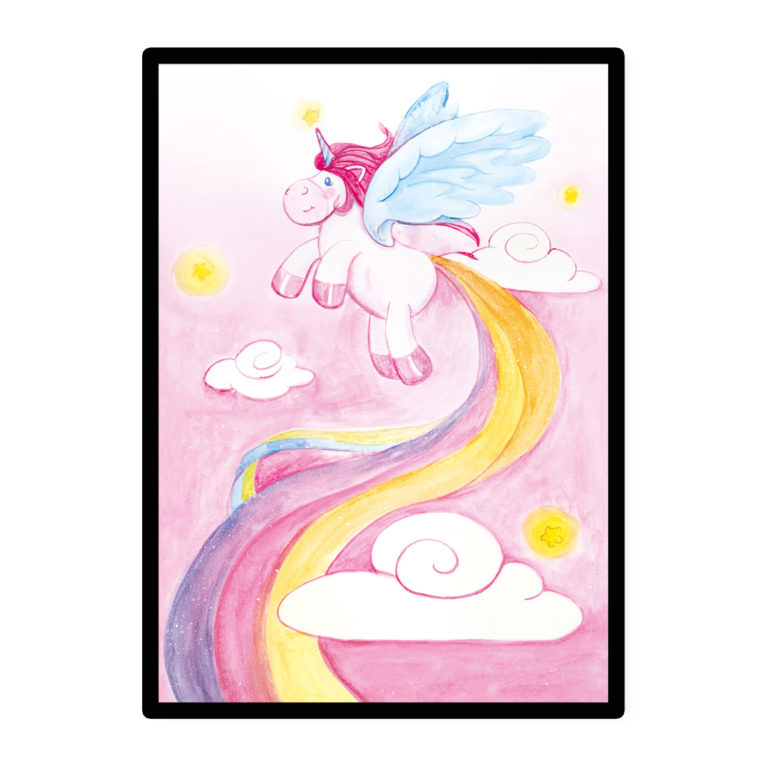 A3 Babyzimmer Poster Aquarell Einhorn mit Regenbogen