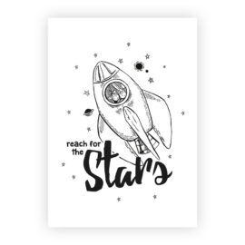 A3 Poster Babyzimmer / Kinderzimmer "Reach for the stars" in schwarz-weiß mit Rakete