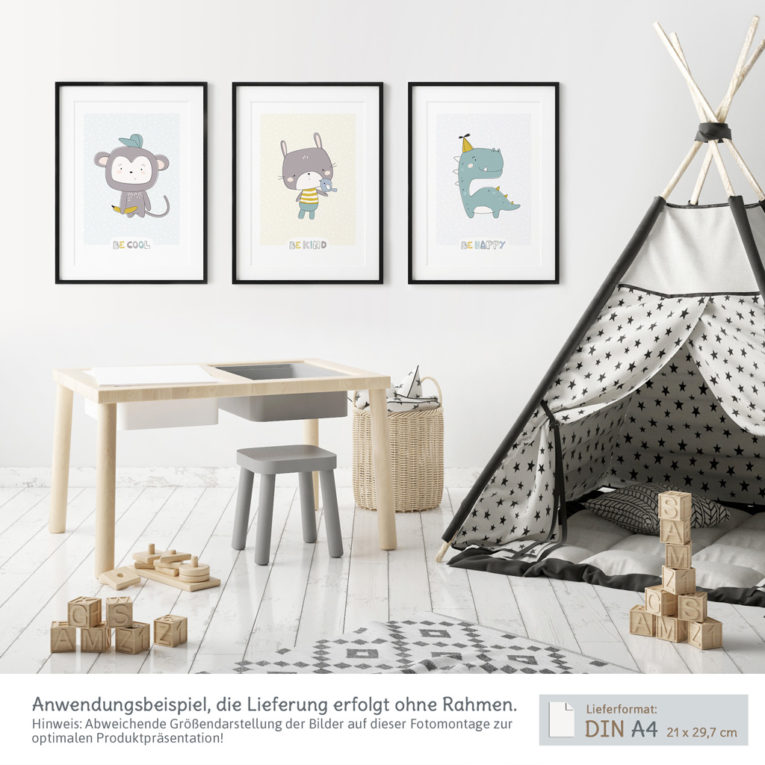 Poster Kinderzimmer skandinavisch: A4 3er-Set mit Affe, Hase und Dinosaurier