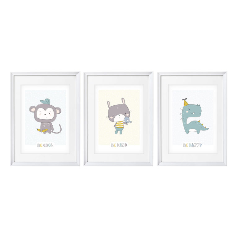 Poster Kinderzimmer skandinavisch: A4 3er-Set mit Affe, Hase und Dinosaurier