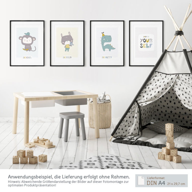Skandinavische Kinderzimmer Deko: A4 4er-Posterset mit Affe, Hase, Dinosaurier und Spruch