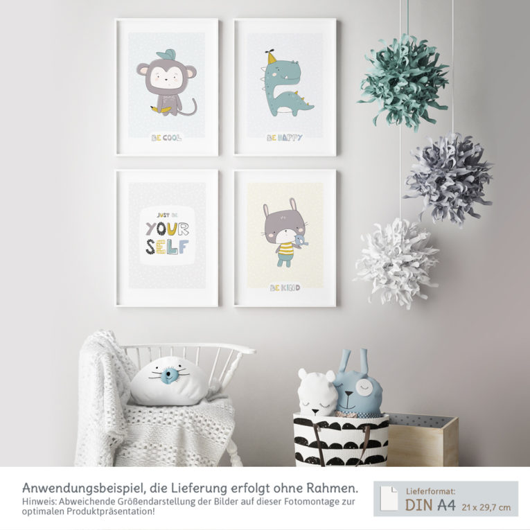 Skandinavische Kinderzimmer Deko: A4 4er-Posterset mit Affe, Hase, Dinosaurier und Spruch