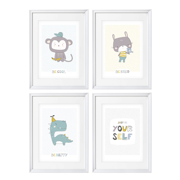 Skandinavische Kinderzimmer Deko: A4 4er-Posterset mit Affe, Hase, Dinosaurier und Spruch