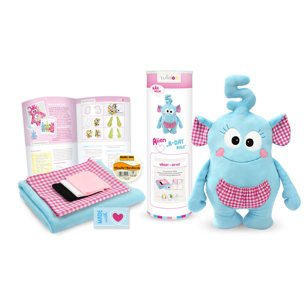 Nähset Alien B-DAY Bibs türkis / pink-kariert - Inhalt