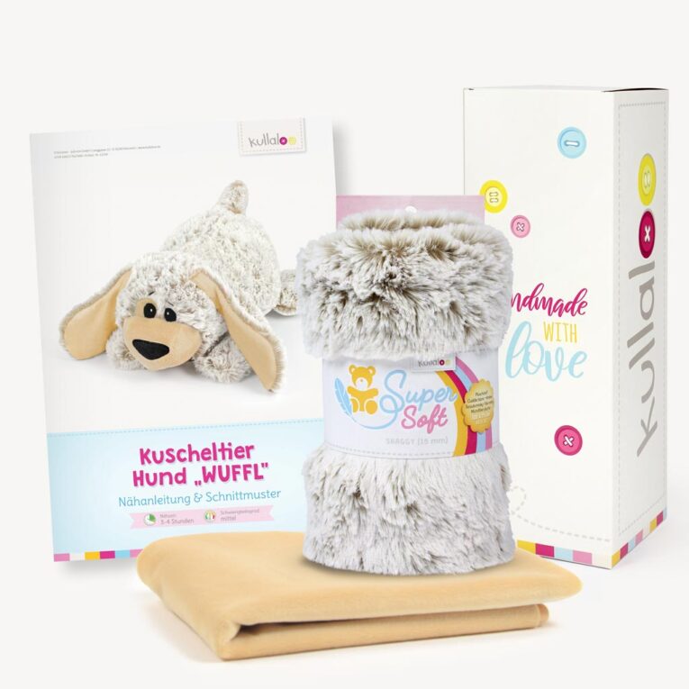 Hund Geschenkset: Papierschnittmuster + zwei Plüschs in Geschenkbox